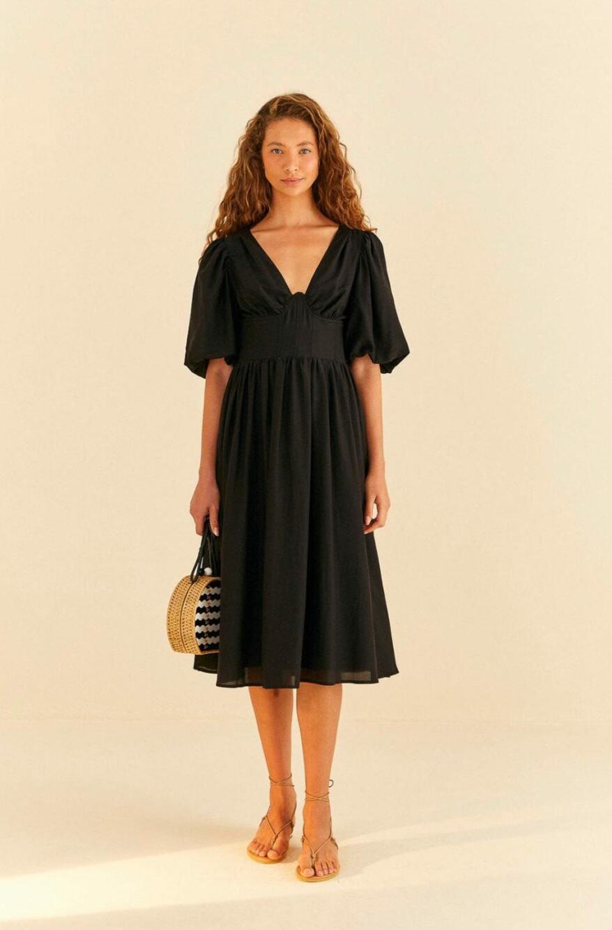 Farm Rio Black Corset Puff Sleeve Midi Dress Size Small